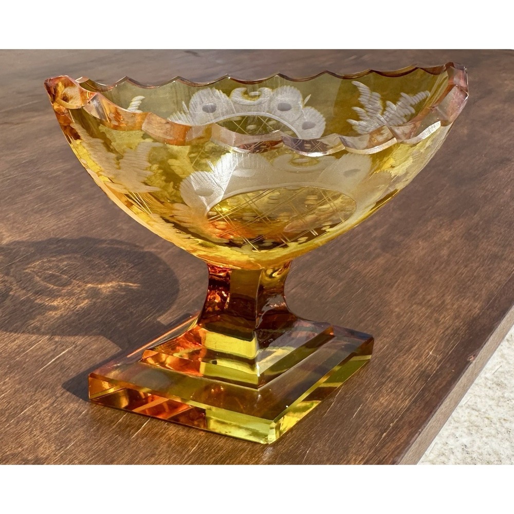 Antique Bohemian Amber Cut Clear Crystal Pedestal Salt Cellar Bowl Etched Art - Picture 10 of 12